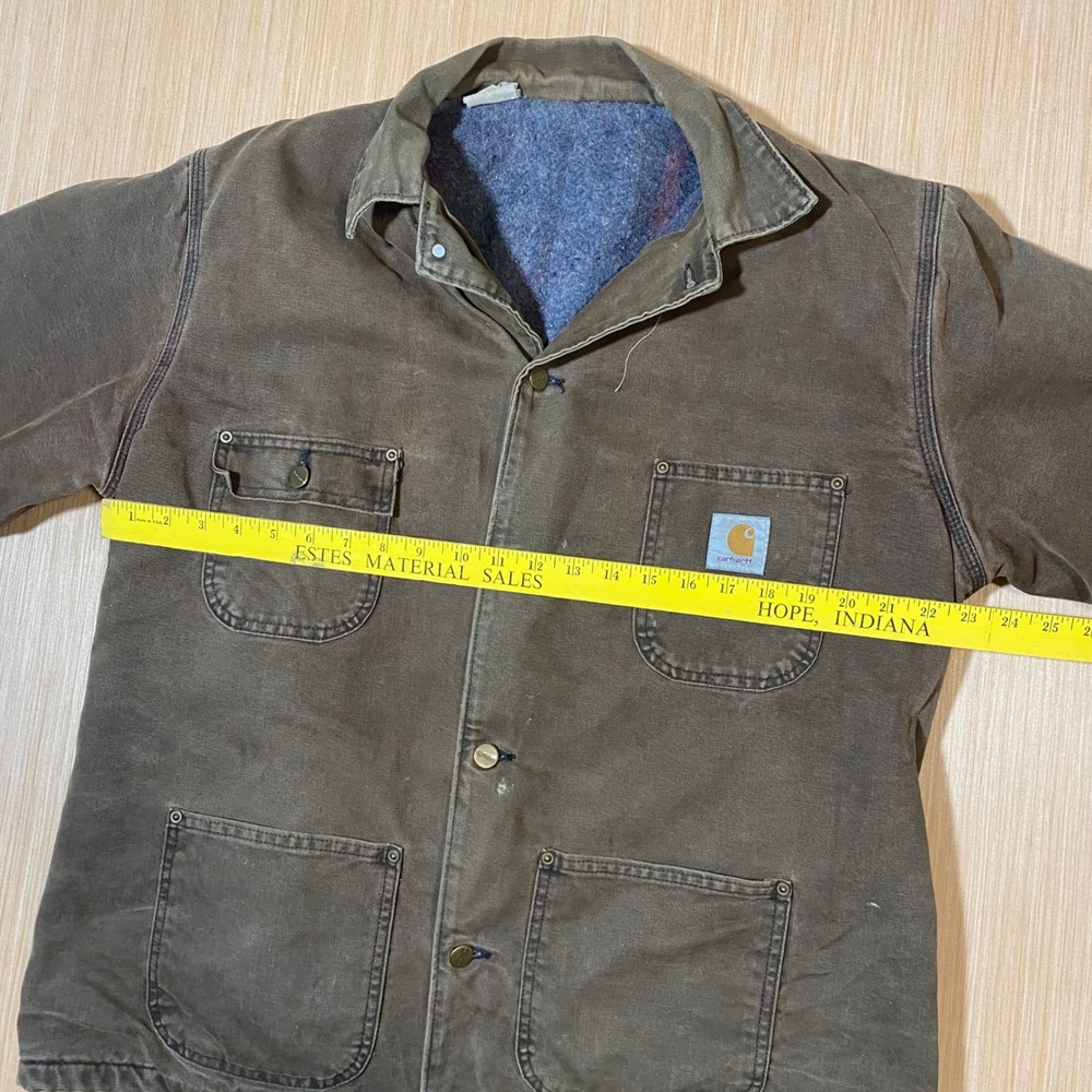 Vintage Carhartt Chore Coat Brown Duck Canvas Blanket Lined Distressed Jacket - Picture 3 of 5